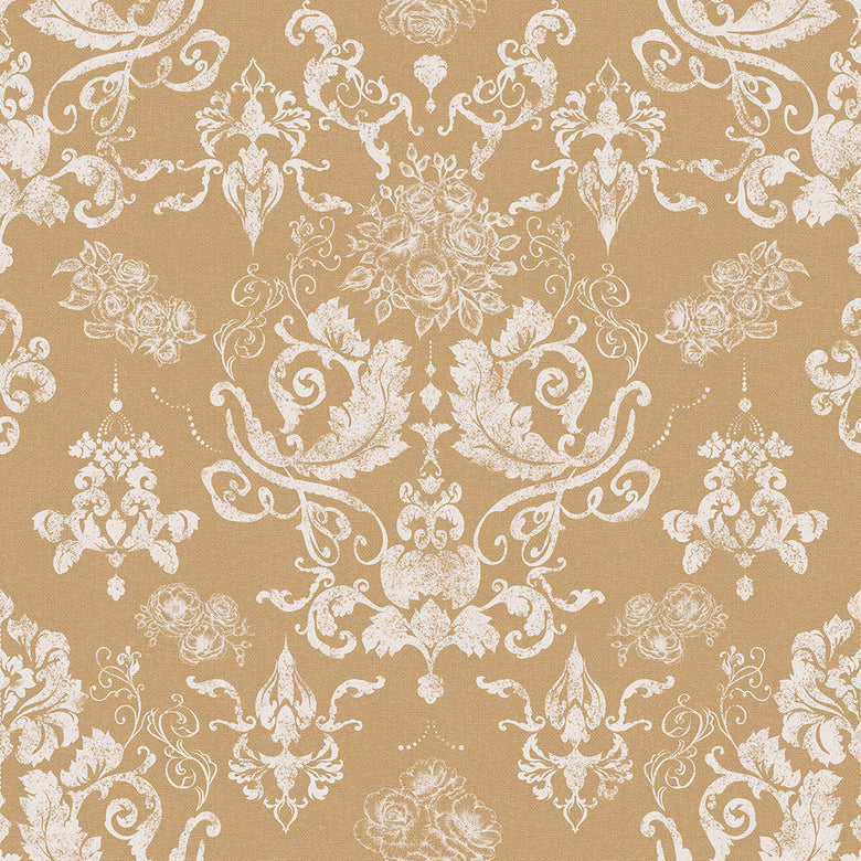 Bridgerton Damask Wallpaper in Burnt Ochre and Vintage Cream