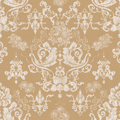Sample of Bridgerton Damask Wallpaper in Burnt Ochre and Vintage Cream