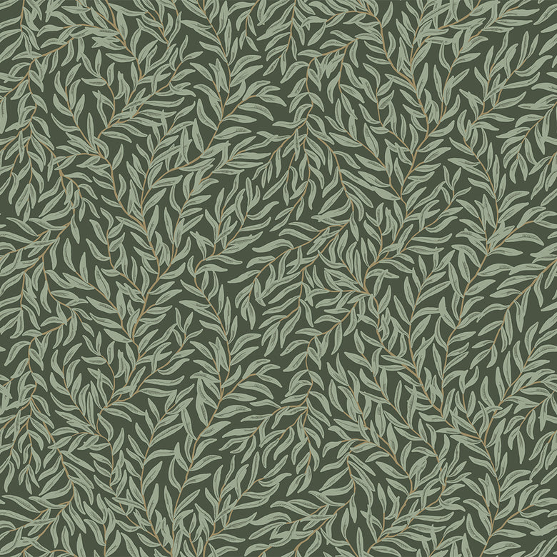 Whimsical Willow Wallpaper in Bayleaf on Juniper Green