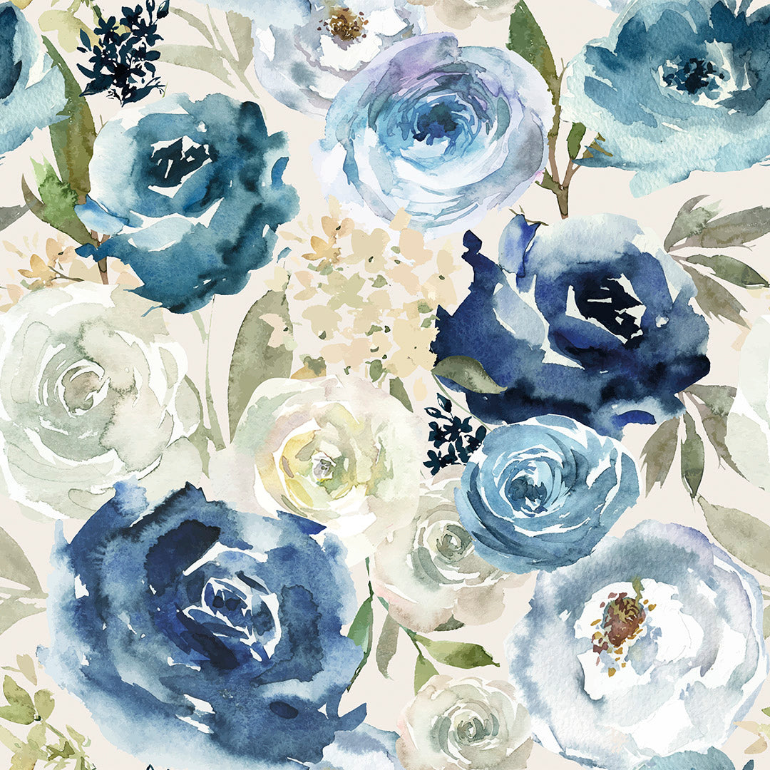Floral wallpaper thumbnail with watercolour blues and cream, featuring various flowers such as roses.