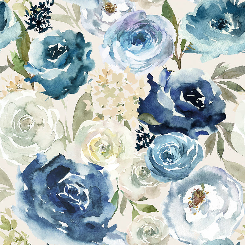 Bouquet De Fleurs Wallpaper in Watercolour Blues with Chamomile
