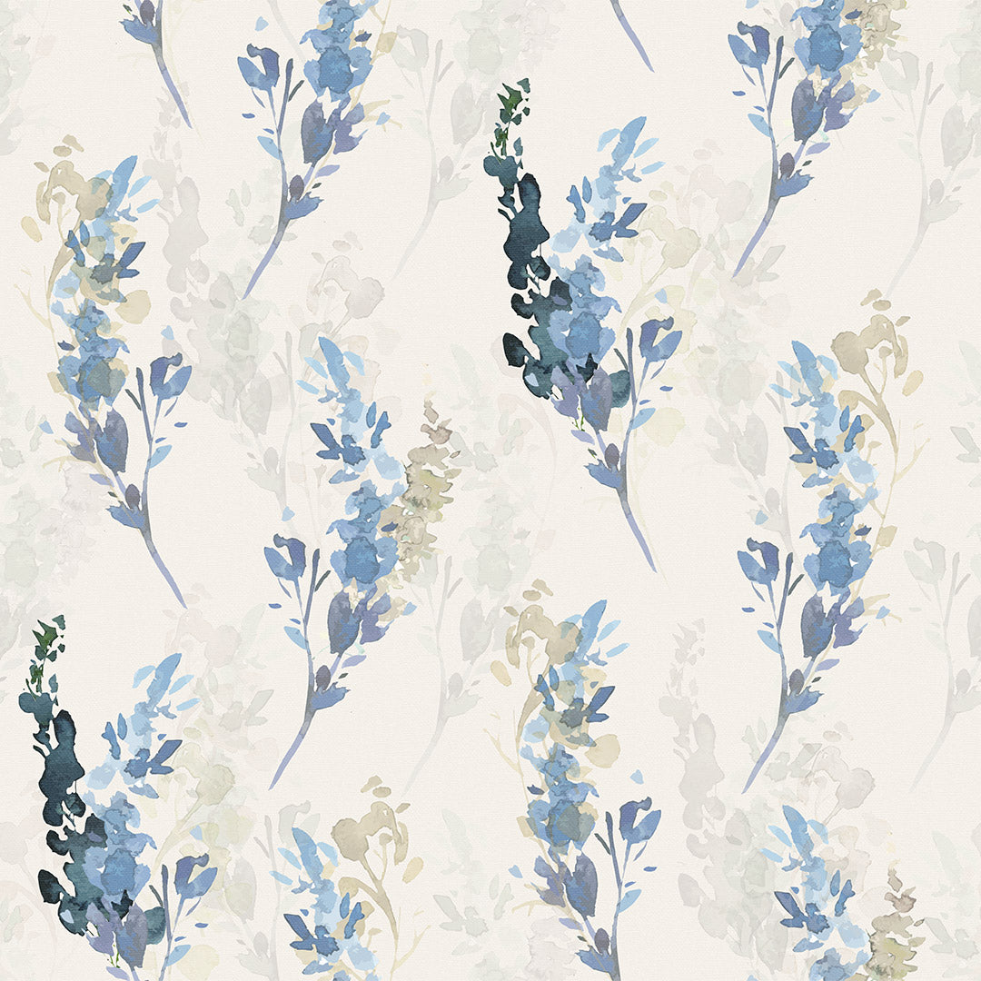 Wallpaper thumbnail displaying a floral pattern with blue and cream coloured flowers on a white background in a watercolour style.