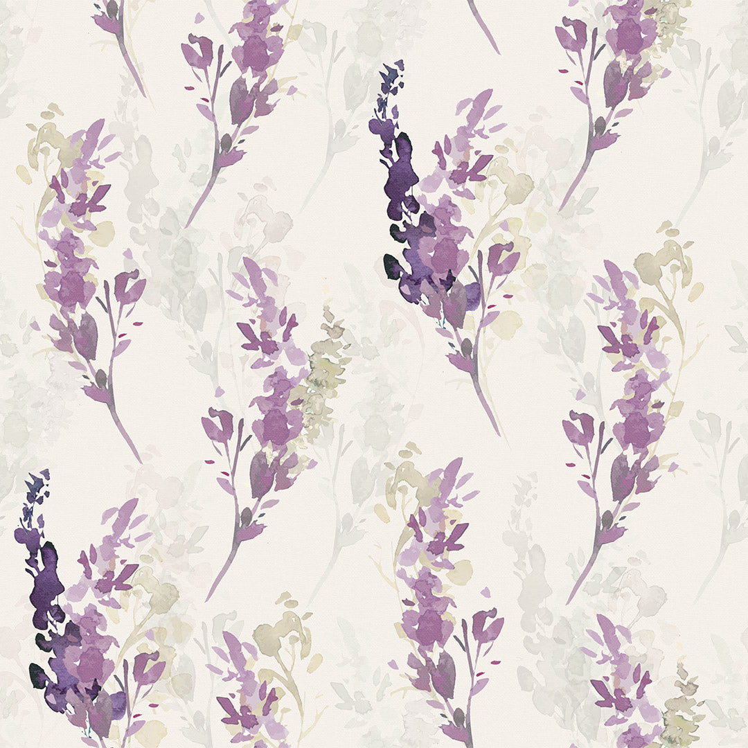 Purple floral wallpaper thumbnail with blooming gilly flowers on a cream background.