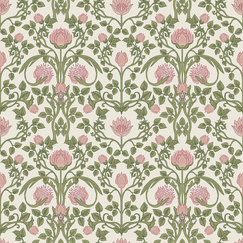 Sample of Tulip Garden Wallpaper in Sweet Pink and Olive on Cream