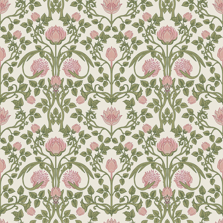 Sample of Tulip Garden Wallpaper in Sweet Pink and Olive on Cream