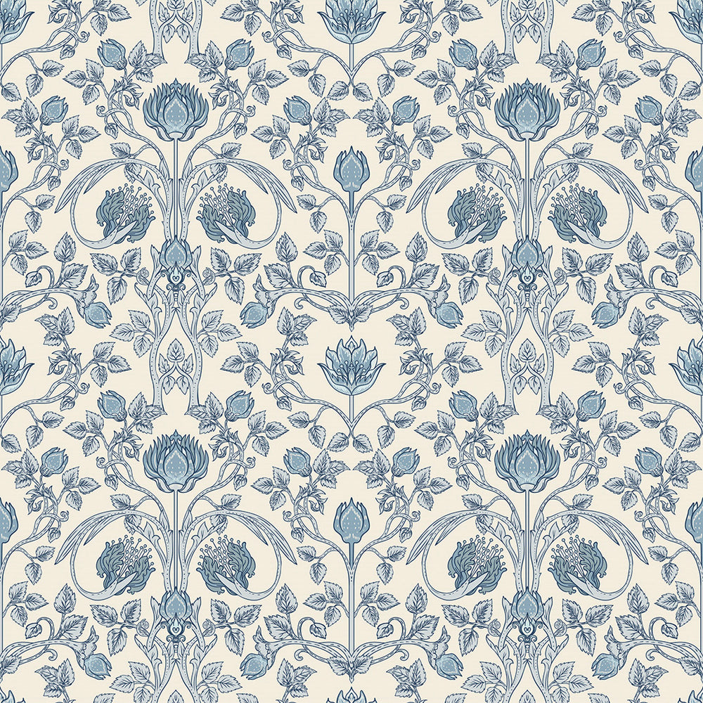 Tulip Garden Wallpaper in Cornflower Blue on Vintage Cream