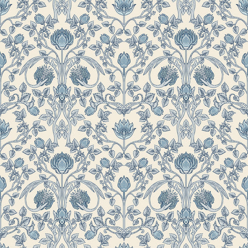 Tulip Garden Wallpaper in Cornflower Blue on Vintage Cream