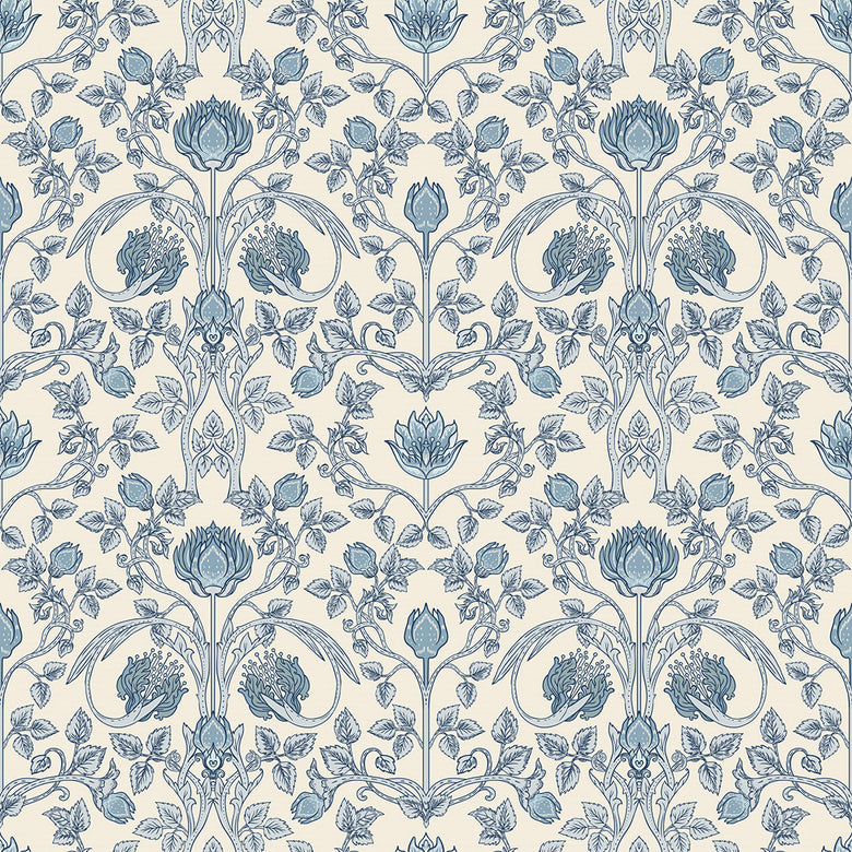 Tulip Garden Wallpaper in Cornflower Blue on Vintage Cream