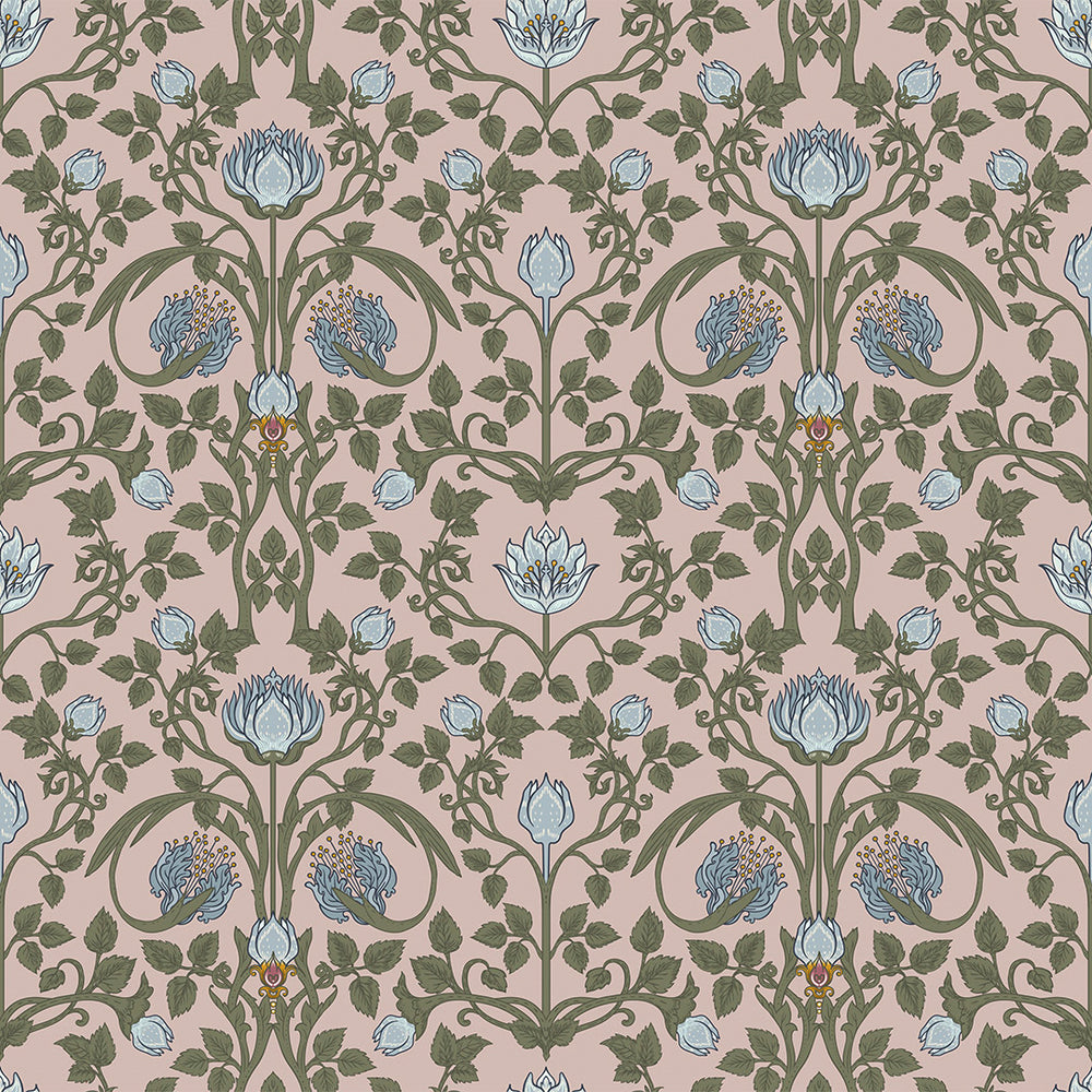 Tulip Garden Wallpaper in Mineral and Forest Green on Vintage Rose