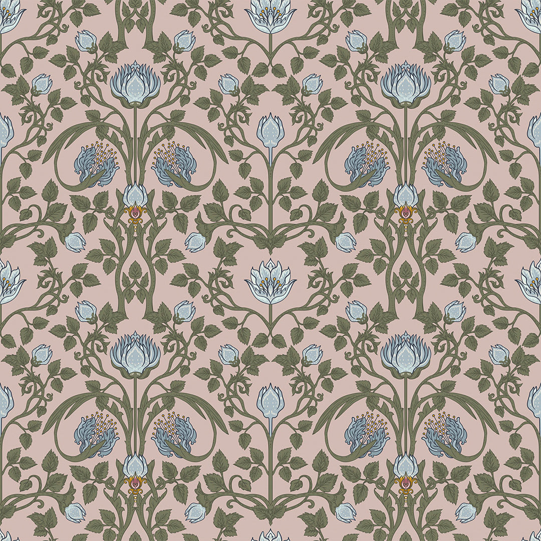Floral wallpaper thumbnail showcasing a pattern with blue tulips and green foliage on a pink background in a trellis style.