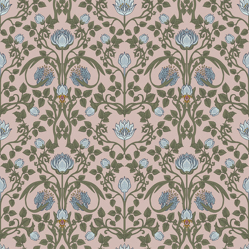 Sample of Tulip Garden Wallpaper in Mineral and Forest Green on Vintage Rose