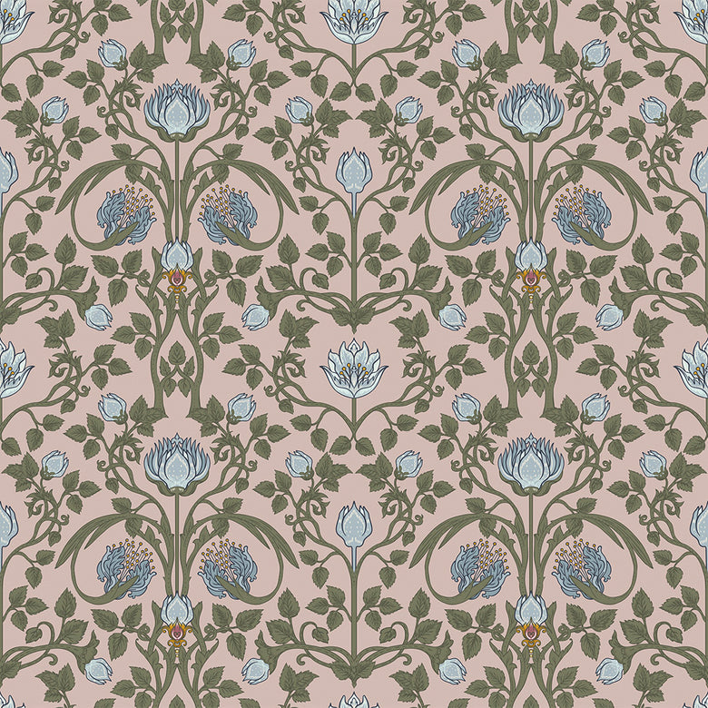 Sample of Tulip Garden Wallpaper in Mineral and Forest Green on Vintage Rose