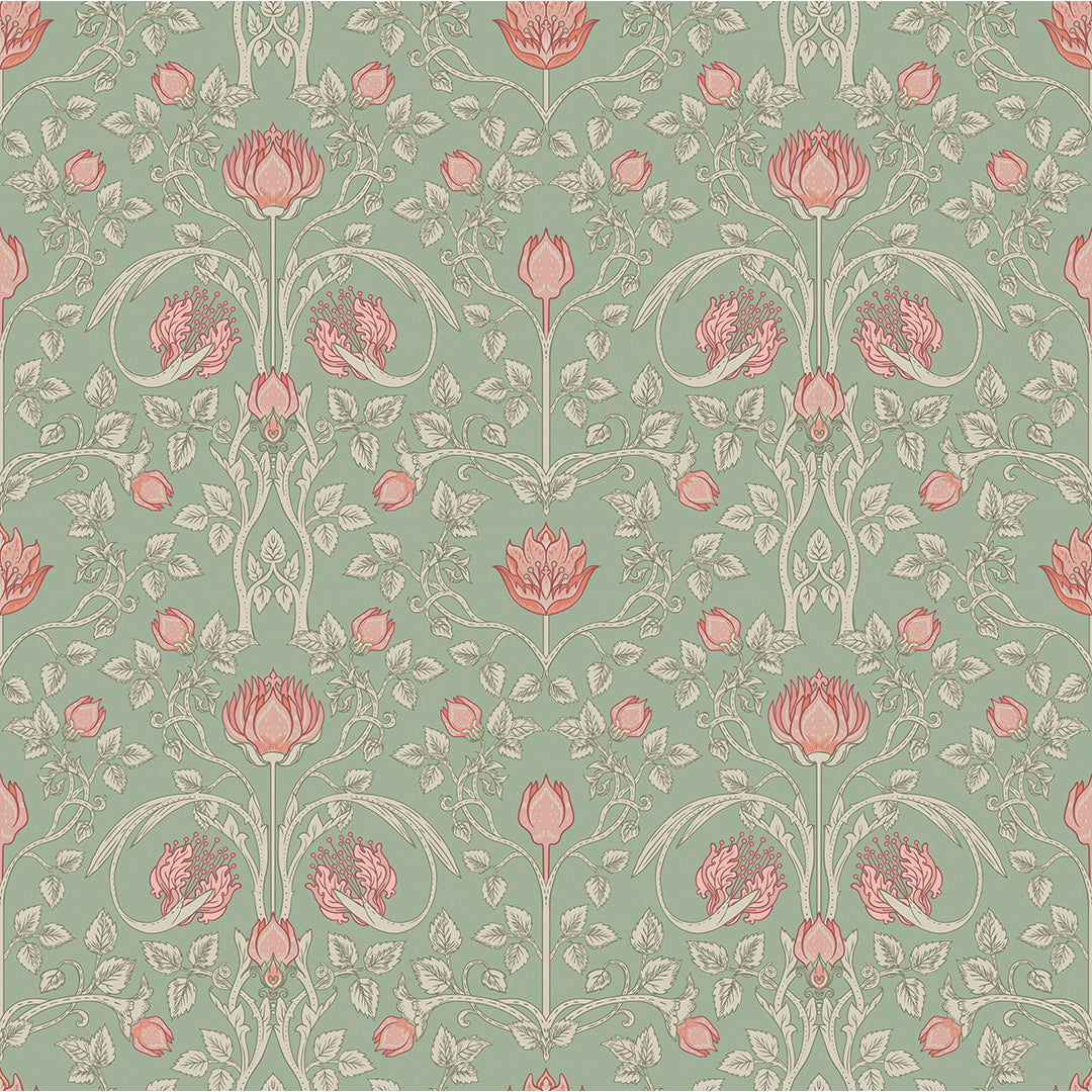 Floral wallpaper pattern featuring repeated pink tulips on a green background with green foliage. 