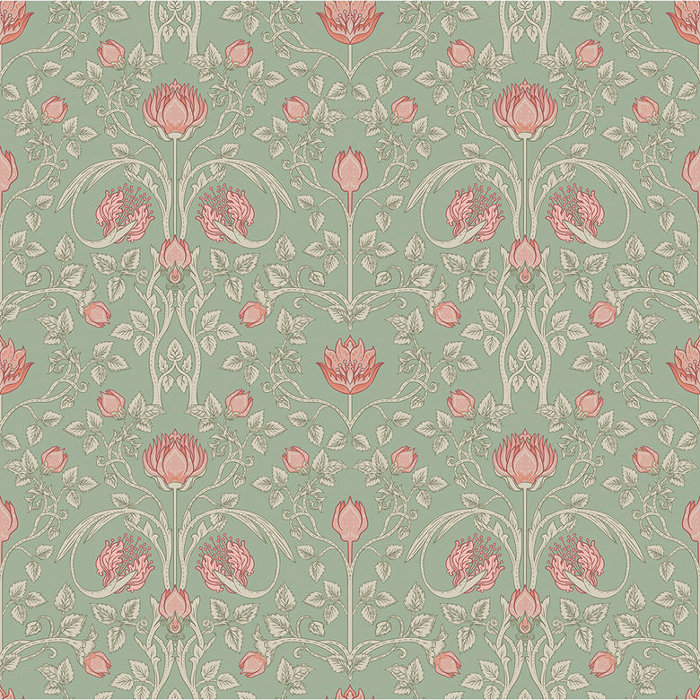 Tulip Garden Wallpaper in Blushing Peach on Green Tea