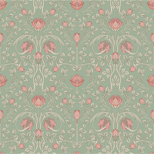 Sample of Tulip Garden Wallpaper in Blushing Peach on Green Tea