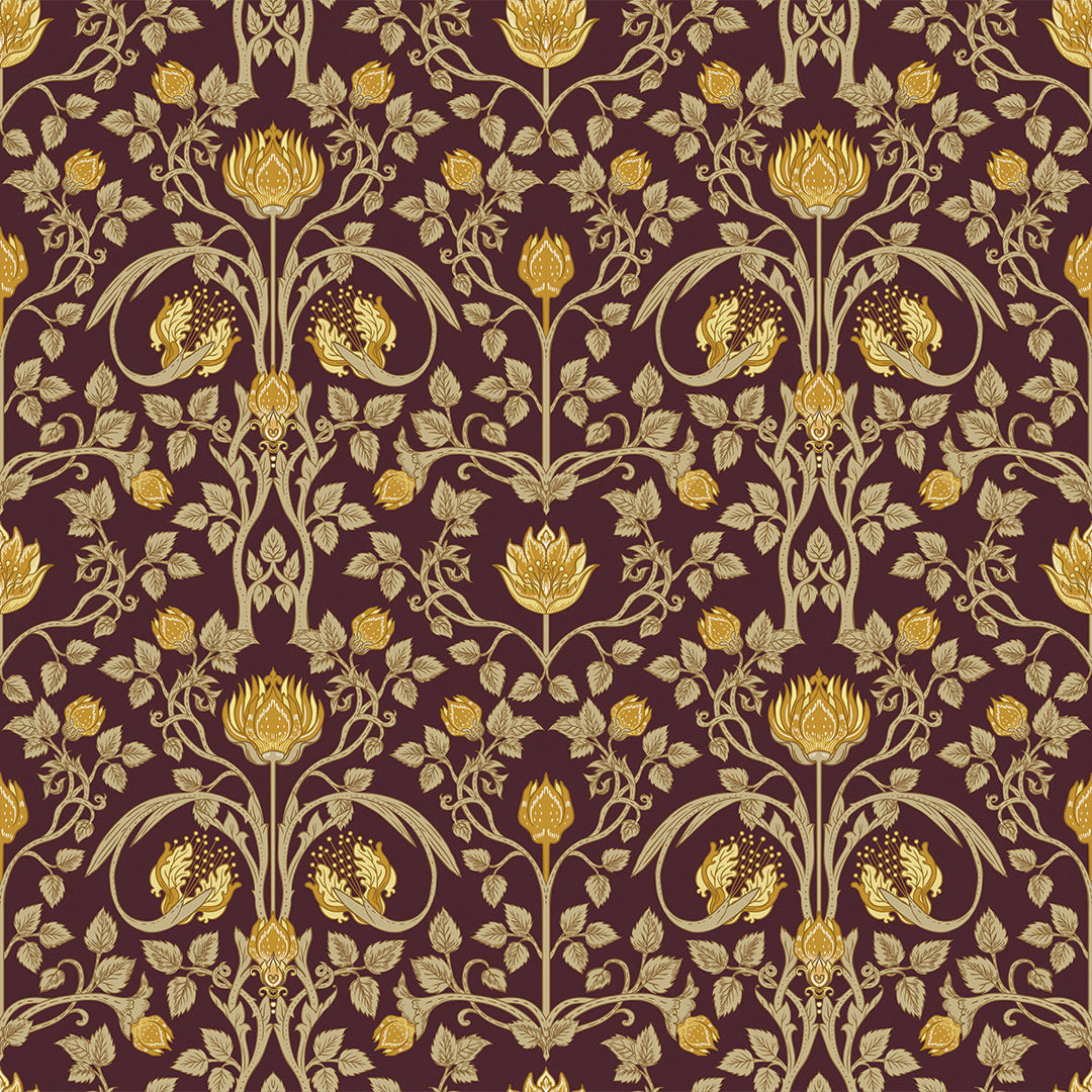 Tulip Garden Wallpaper in Gold on Bordeaux – Lucie Annabel