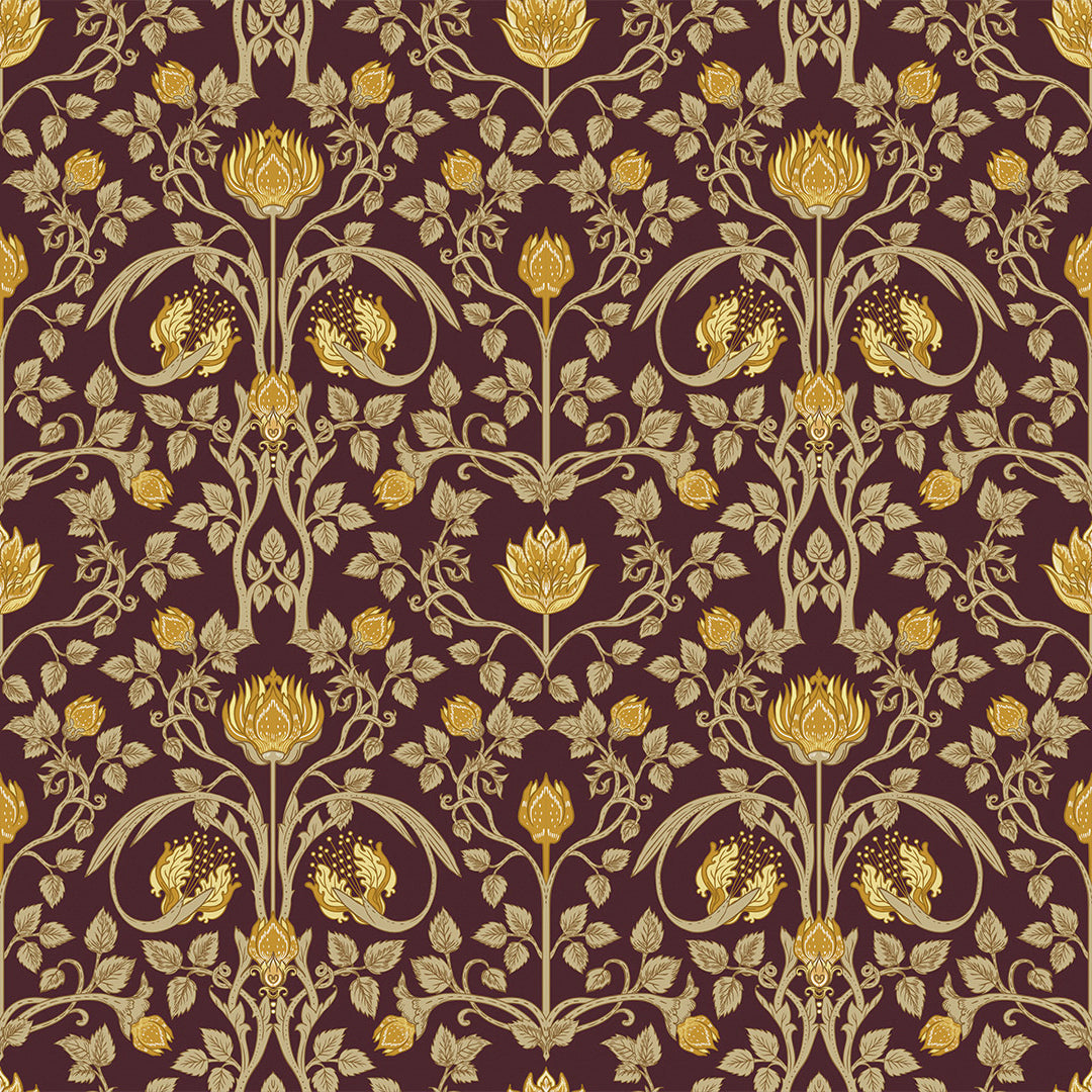 Floral wallpaper thumbnail featuring repeated gold tulips and foliage on a deep red background. 