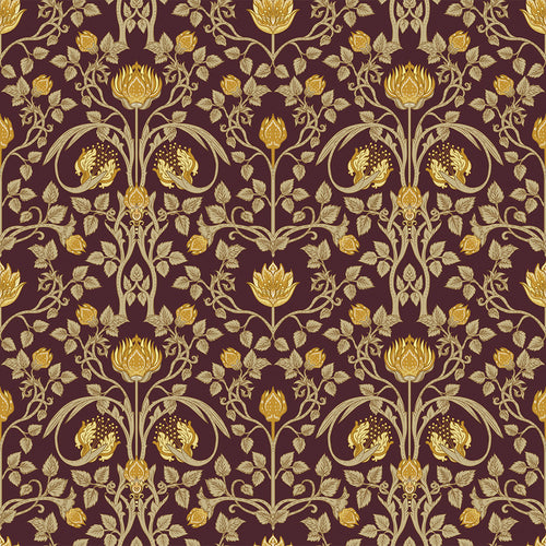 Sample of Tulip Garden Wallpaper in Gold on Bordeaux