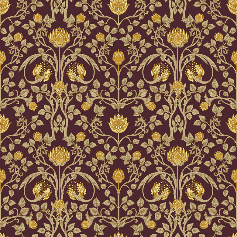 Sample of Tulip Garden Wallpaper in Gold on Bordeaux