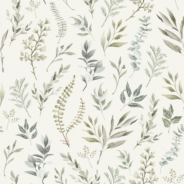 Sample of Countryside Trail Wallpaper in Rustic Greens on Ivory Linen