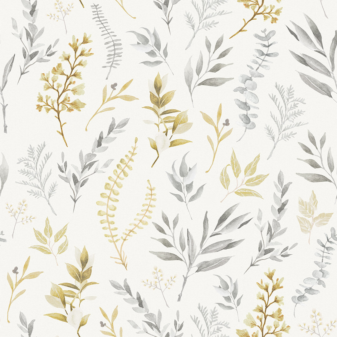 Sample of Countryside Trail Wallpaper in Ochre and Vintage Grey on Soft Cream