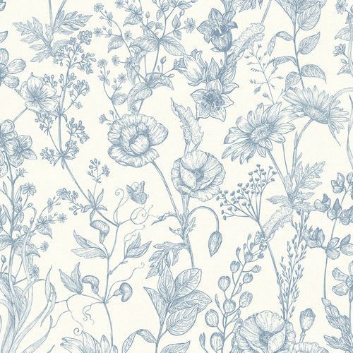 Sample of Sketched Meadow Wallpaper in Cornflower Blue on Cream