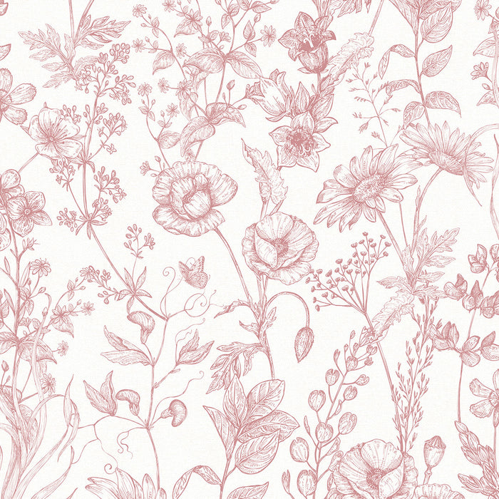 Sketched Meadow Wallpaper in Dusky Pink on White – Lucie Annabel