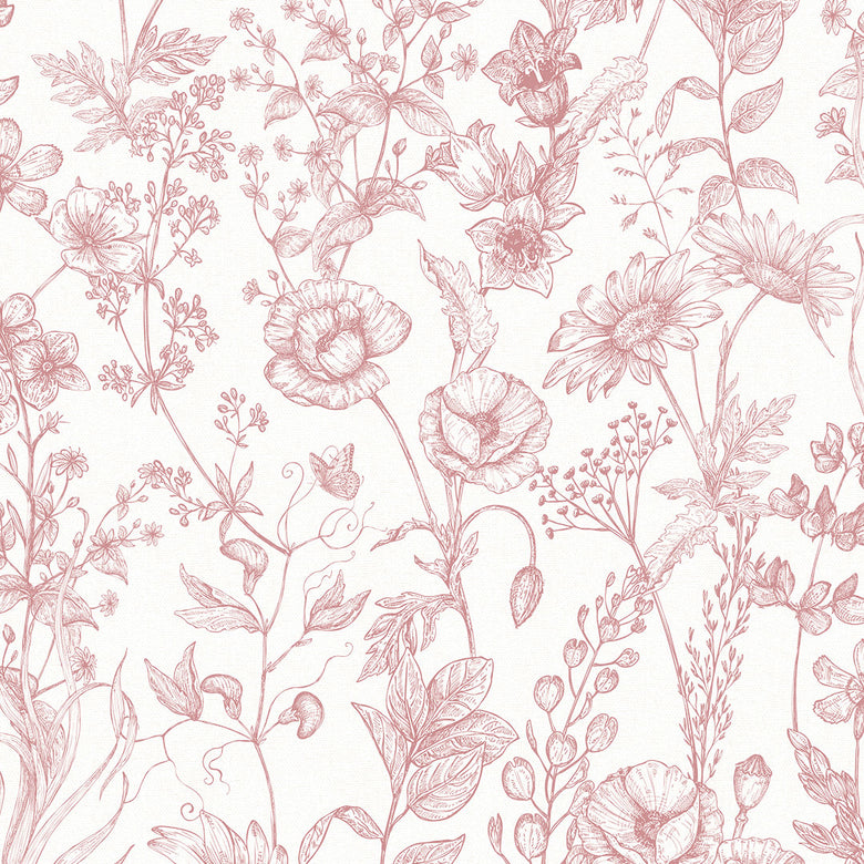 Sample of Sketched Meadow Wallpaper in Dusky Pink on White