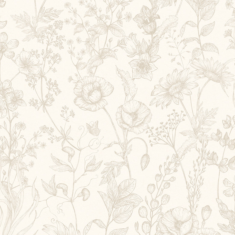 Sample of Sketched Meadow Wallpaper in Stone on Windsor Cream