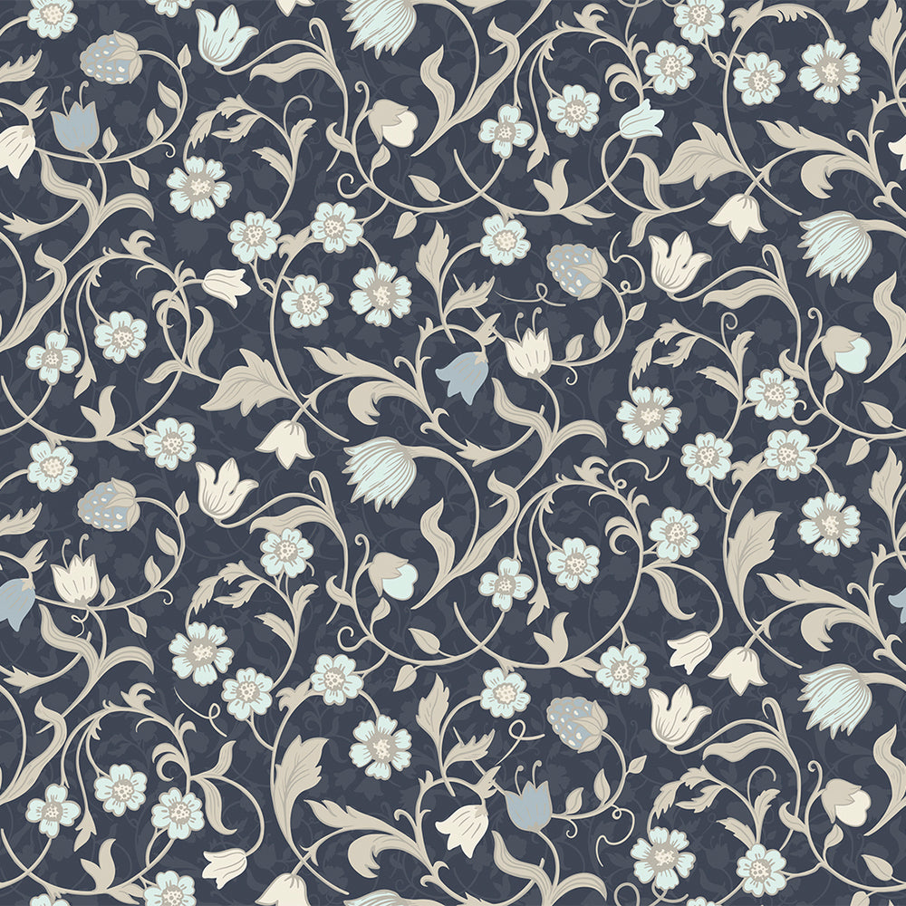 Rosehill Cottage Wallpaper in Duck Egg and Vintage Cream on Classic Navy