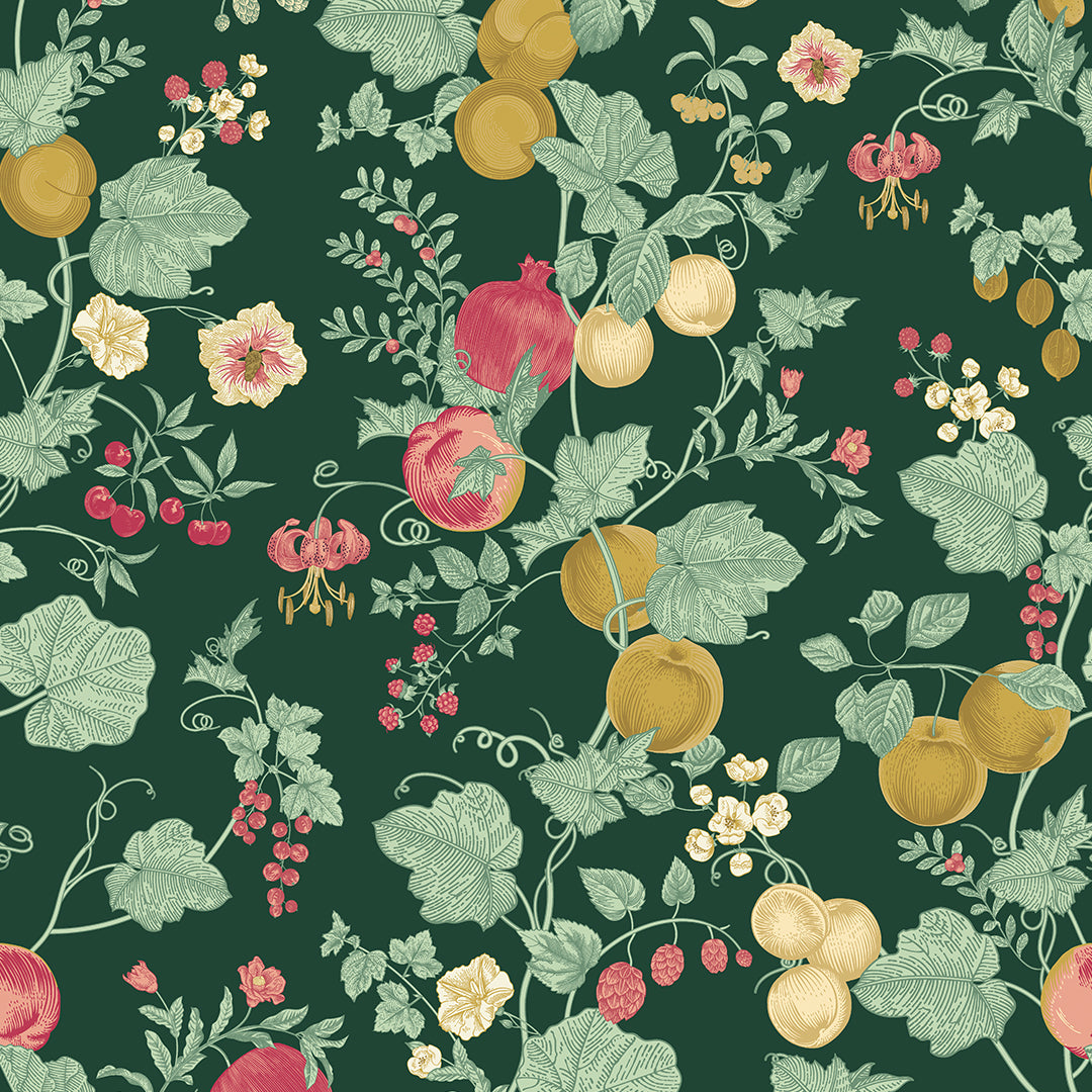 Sample of Forgotten Fruit Wallpaper in Guava and Ochre on Castleton Green