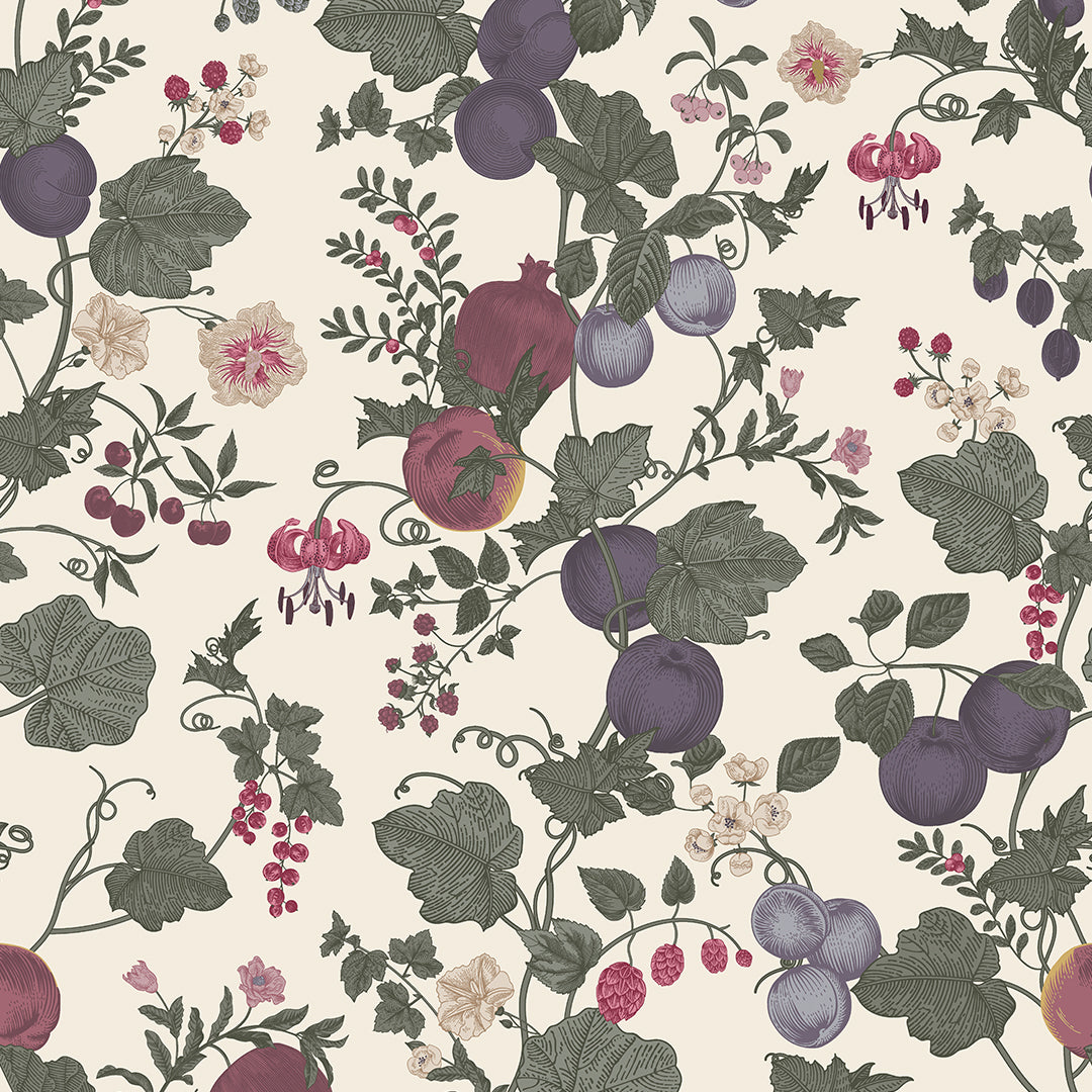 Sample of Forgotten Fruit Wallpaper in Nettle Green, Wild Plum and Lavender on Vintage Cream
