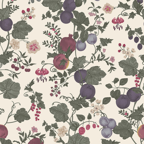 Sample of Forgotten Fruit Wallpaper in Nettle Green, Wild Plum and Lavender on Vintage Cream