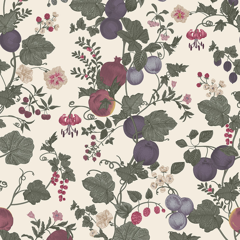 Sample of Forgotten Fruit Wallpaper in Nettle Green, Wild Plum and Lavender on Vintage Cream