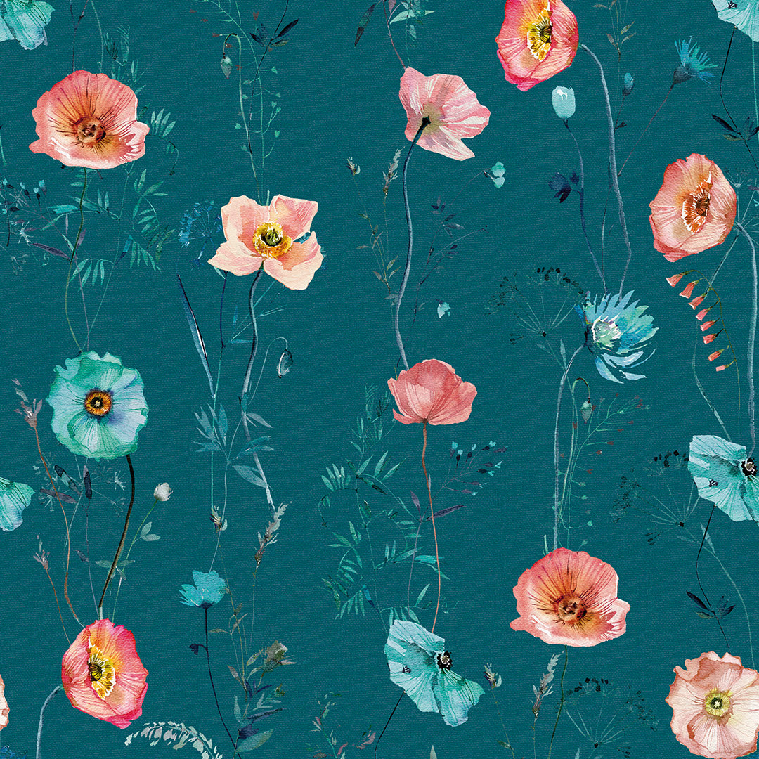 Delicate Stems Wallpaper in Shades of Coral on Teal – Lucie Annabel