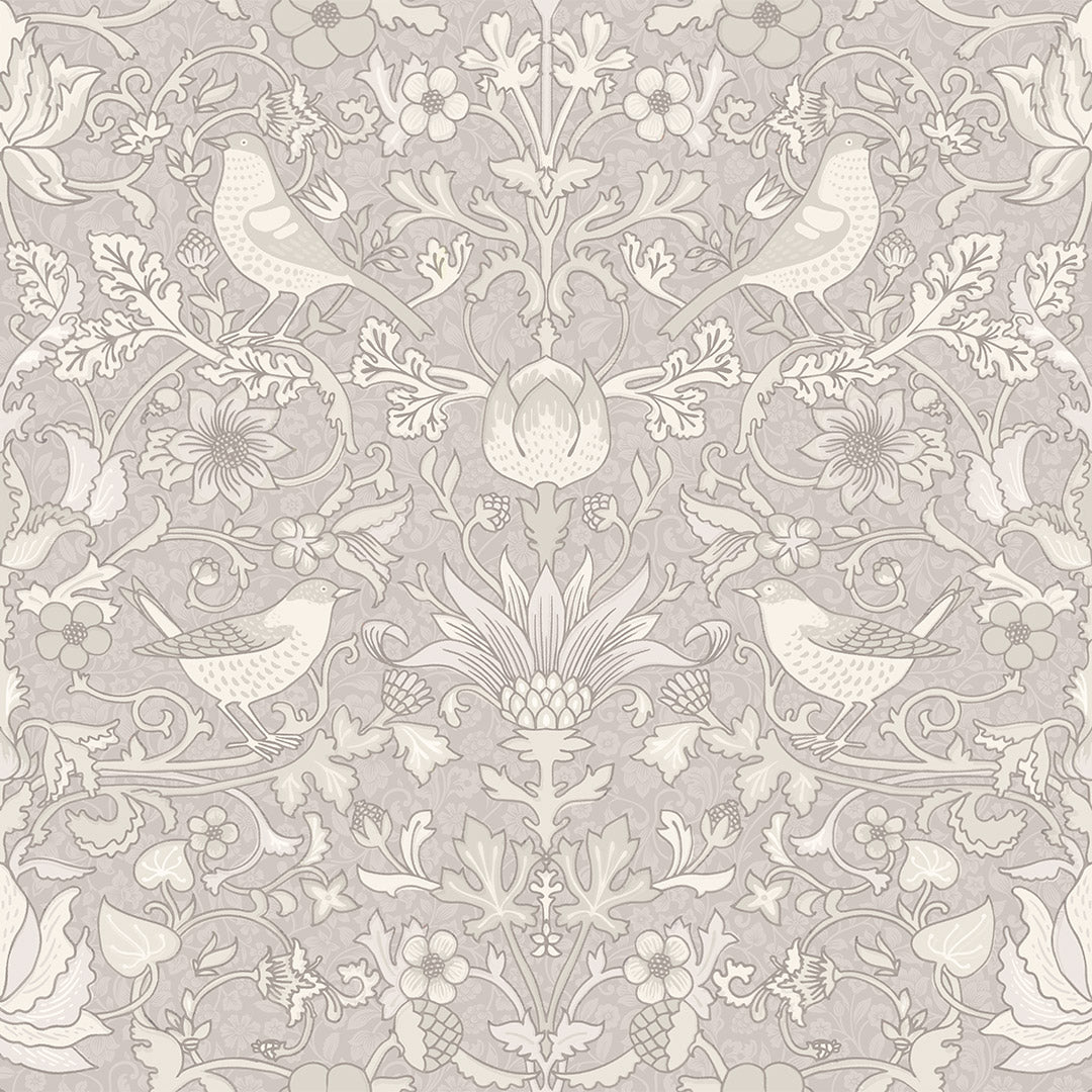 Garden Visitors Wallpaper in Vintage Cream and Linen on Dove Grey