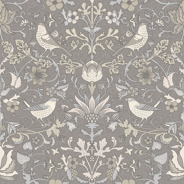 Garden Visitors Wallpaper in Earl Blue and Vintage Cream on Earl Grey