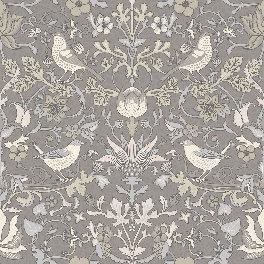 Sample of Garden Visitors Wallpaper in Earl Blue and Vintage Cream on Earl Grey