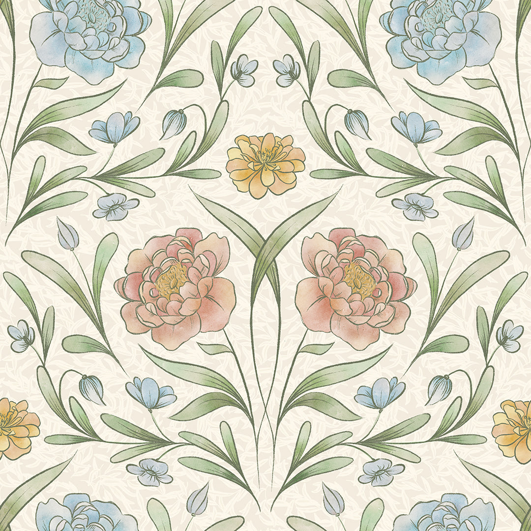 Vintage Trellis Wallpaper in Summer Shades on Vintage Cream