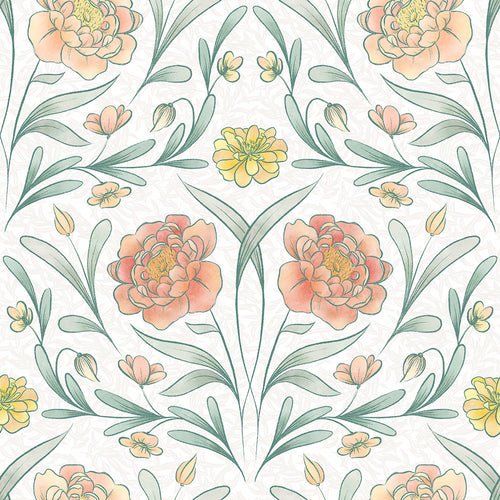 Vintage Trellis Wallpaper in Silt Green, Peach and Yellow