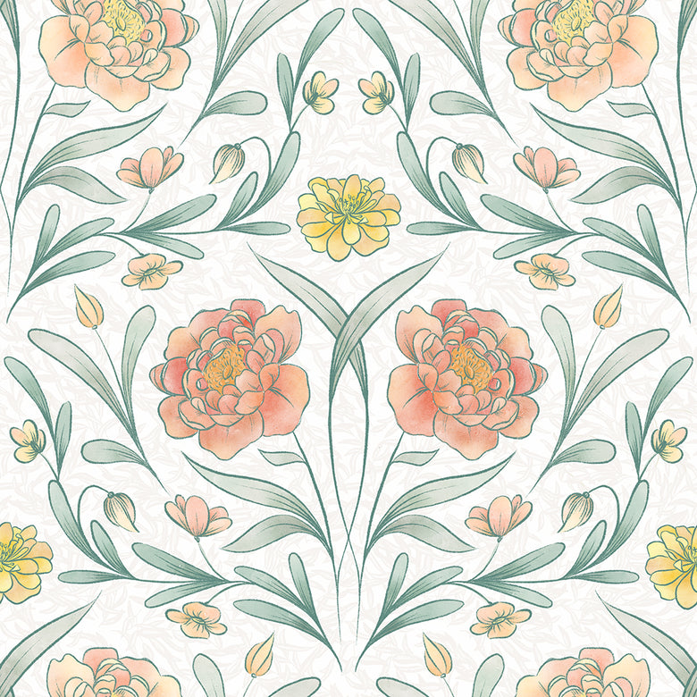 Vintage Trellis Wallpaper in Silt Green, Peach and Yellow