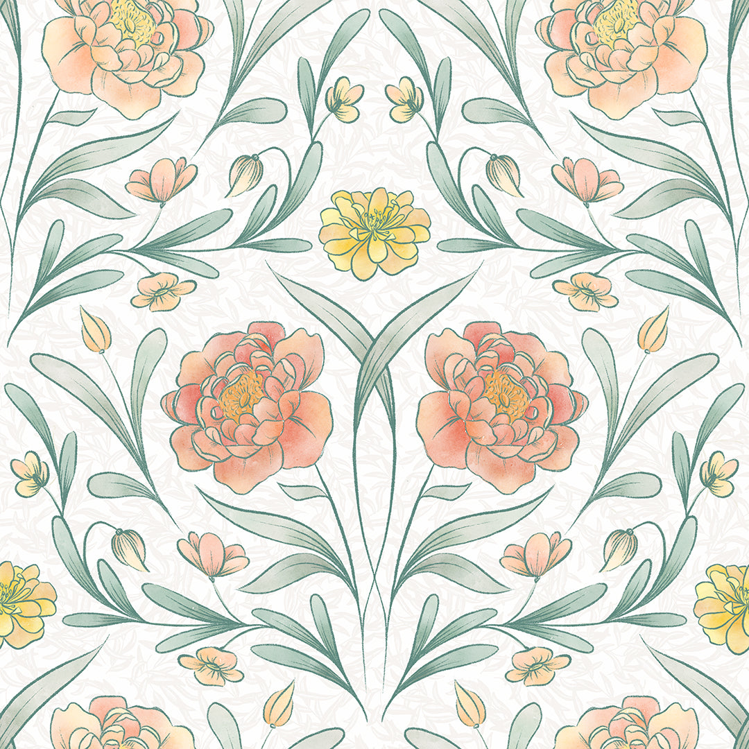 Sample of Vintage Trellis Wallpaper in Silt Green, Peach and Yellow