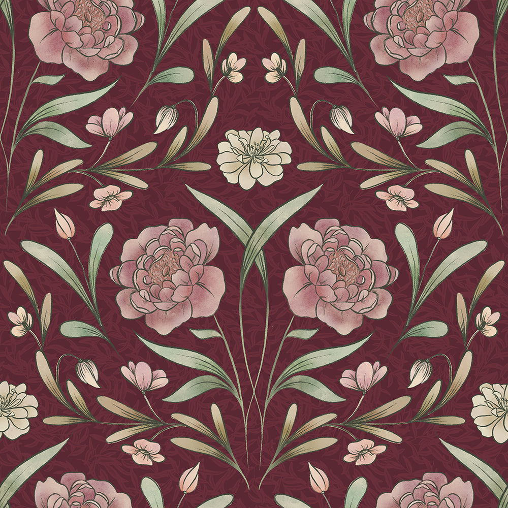 Vintage Trellis Wallpaper in Pistachio and Mulberry on Fig