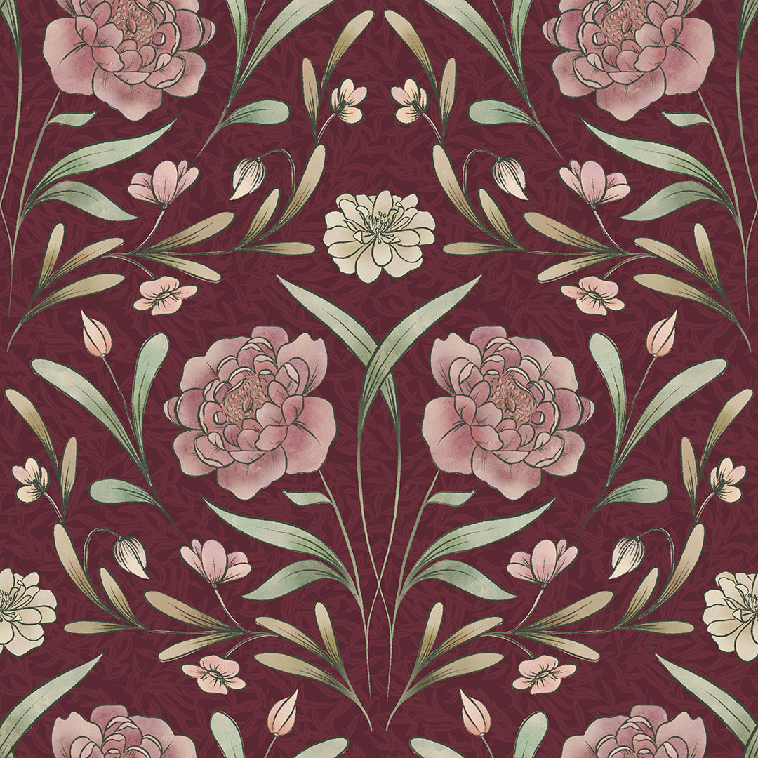 Sample of Vintage Trellis Wallpaper in Pistachio and Mulberry on Fig