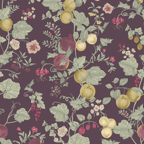 Forgotten Fruit Wallpaper in Sage Green, Raspberry and Gold on Wild Plum