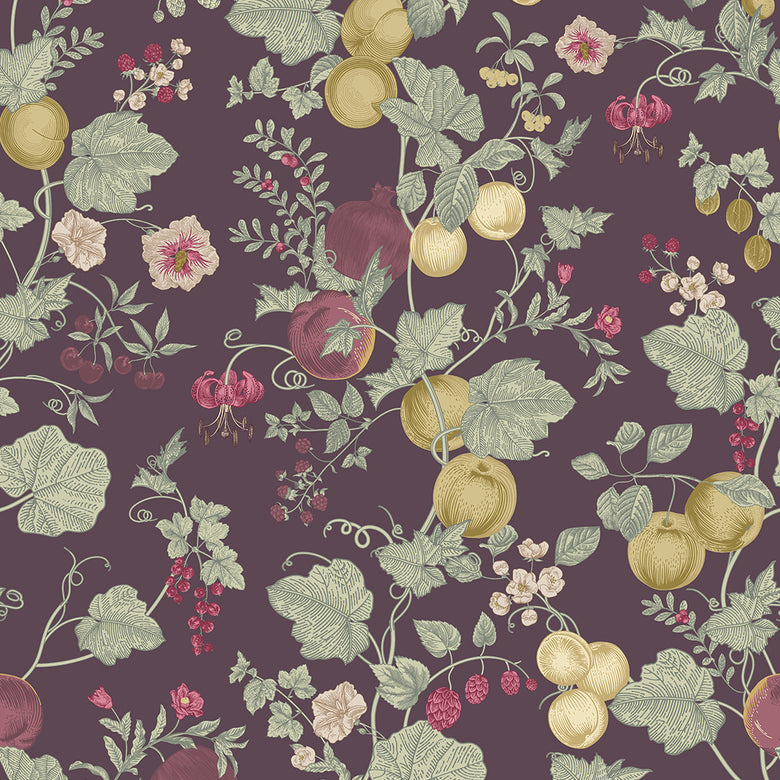 Forgotten Fruit Wallpaper in Sage Green, Raspberry and Gold on Wild Plum