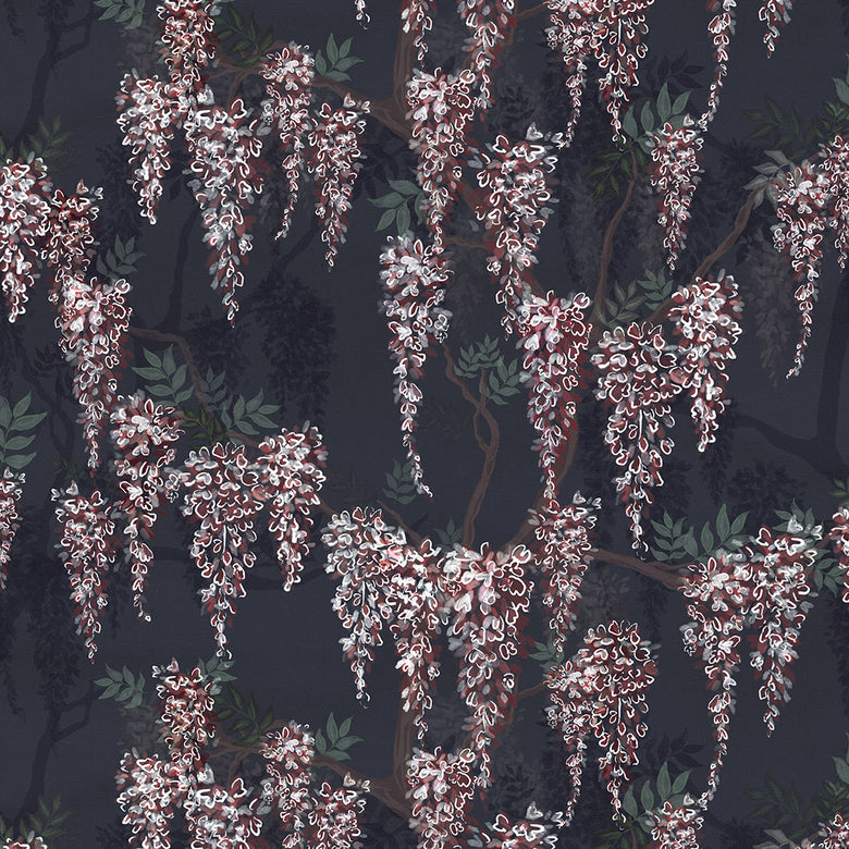 Wisteria Lane Wallpaper in Classic Navy with Berry Pinks