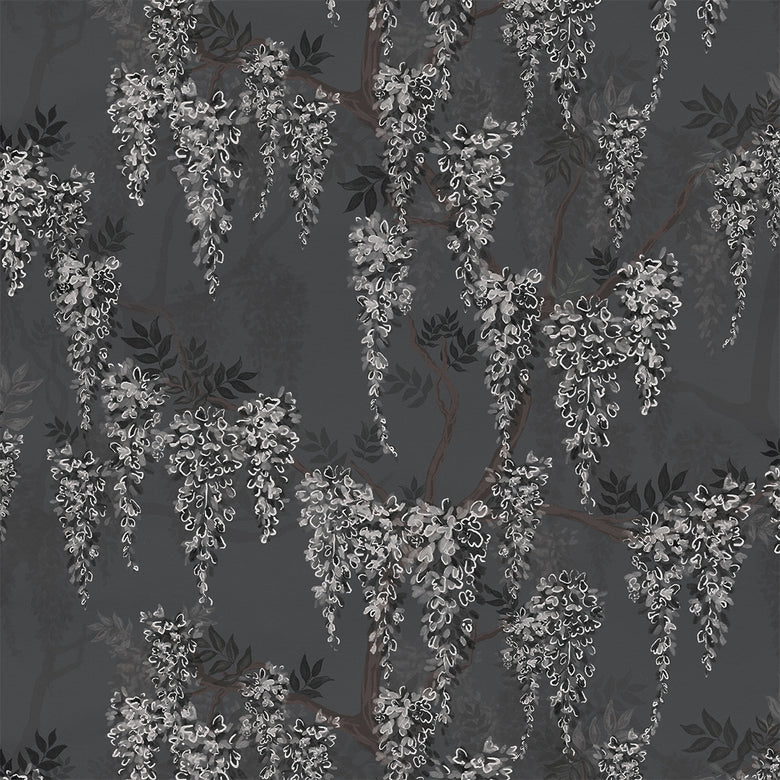 Wisteria Lane Wallpaper in Shades of Charcoal with White