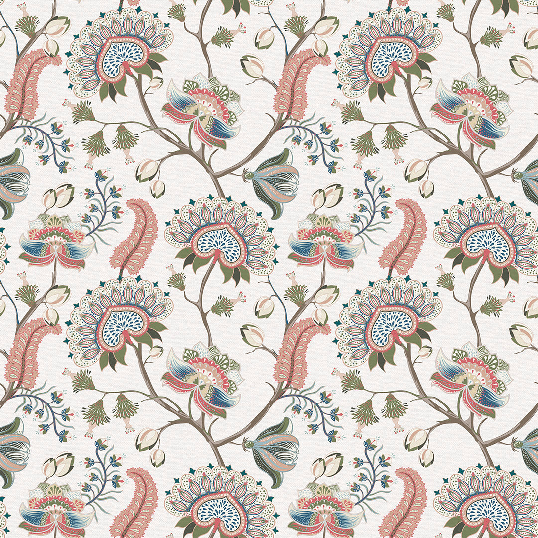 Ophelia Wallpaper in Coral, Olive and Mineral