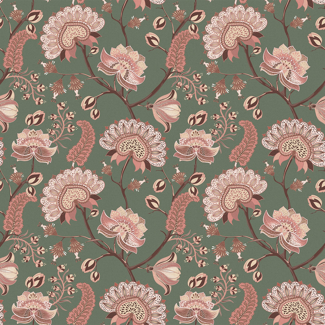 Ophelia Wallpaper in Moss and Blush Pink